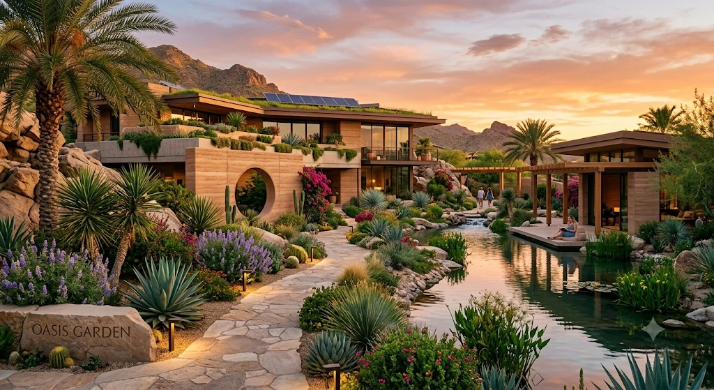 A terraced garden at dusk: palms, agaves and flowering shrubs along a stone path beside a still pool, with low buildings behind